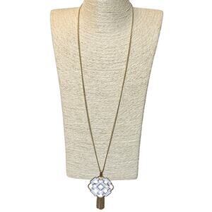 Vintage Signed Avon Brooch Pendant Necklace Gold Tone & White Enamel Knot Tassel